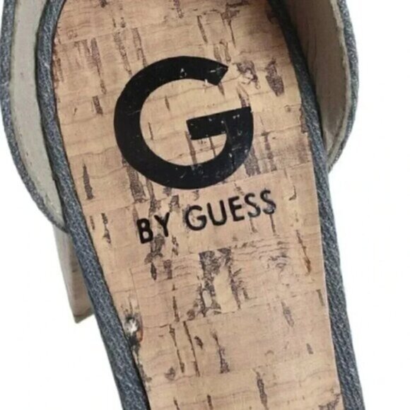 G By Guess Frayed  Denim Sandal Heel Chunky Cork Heel Open Toe Size 8.5 - Picture 14 of 16